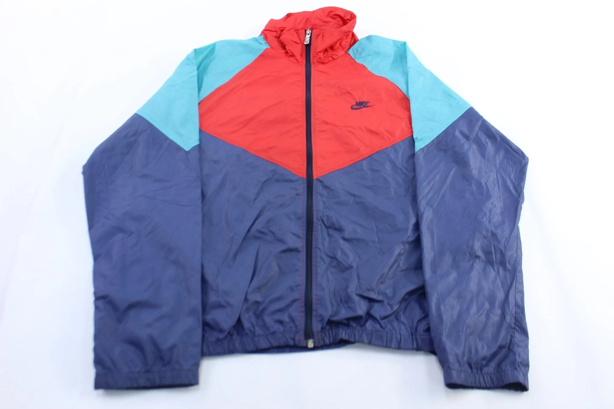 80's Nike Embroidered Logo Red, Blue, & Turquoise Zip Up Jacket