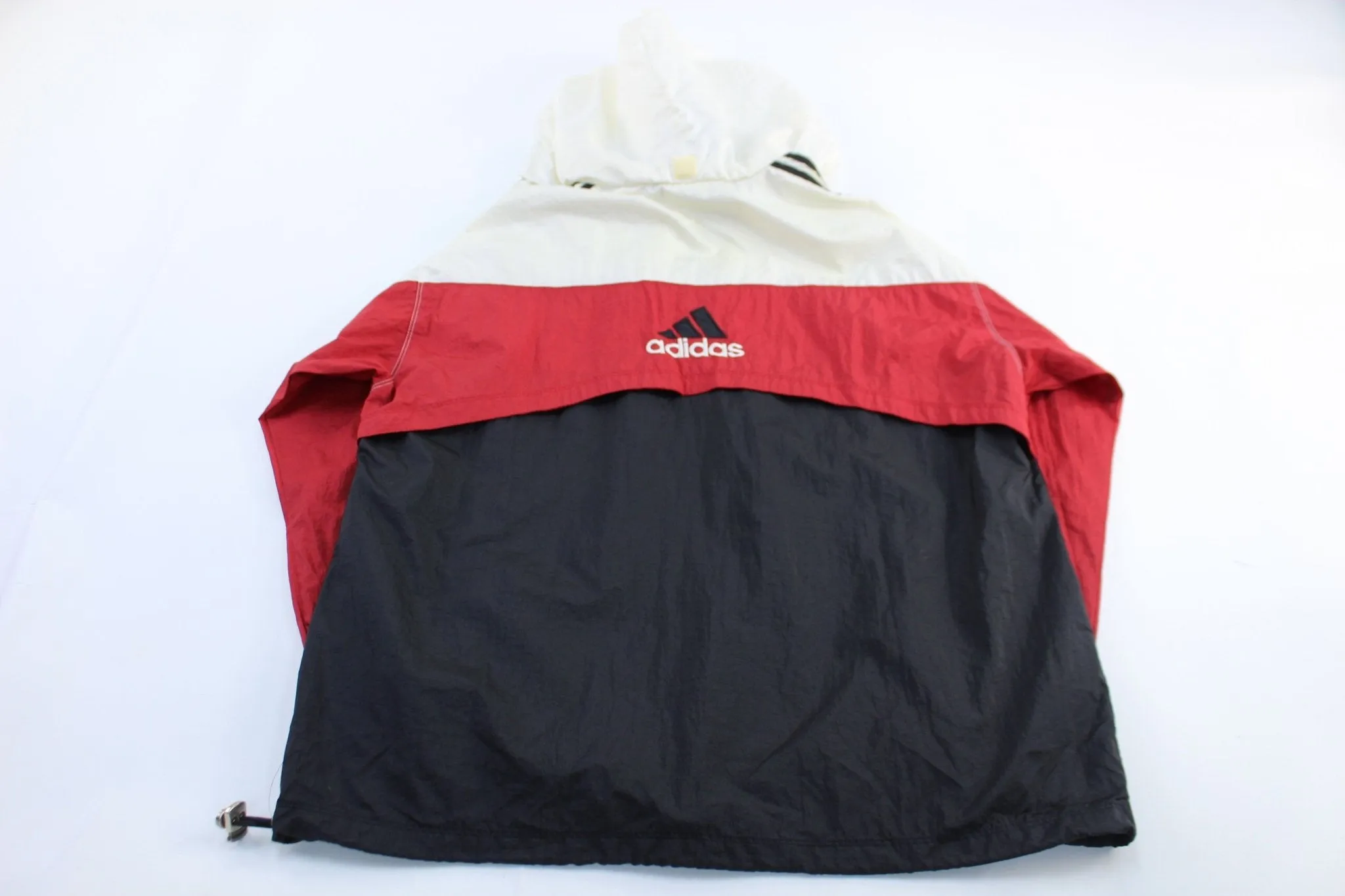 90's Adidas Embroidered Logo Red, Black, & White Striped Pullover Jacket