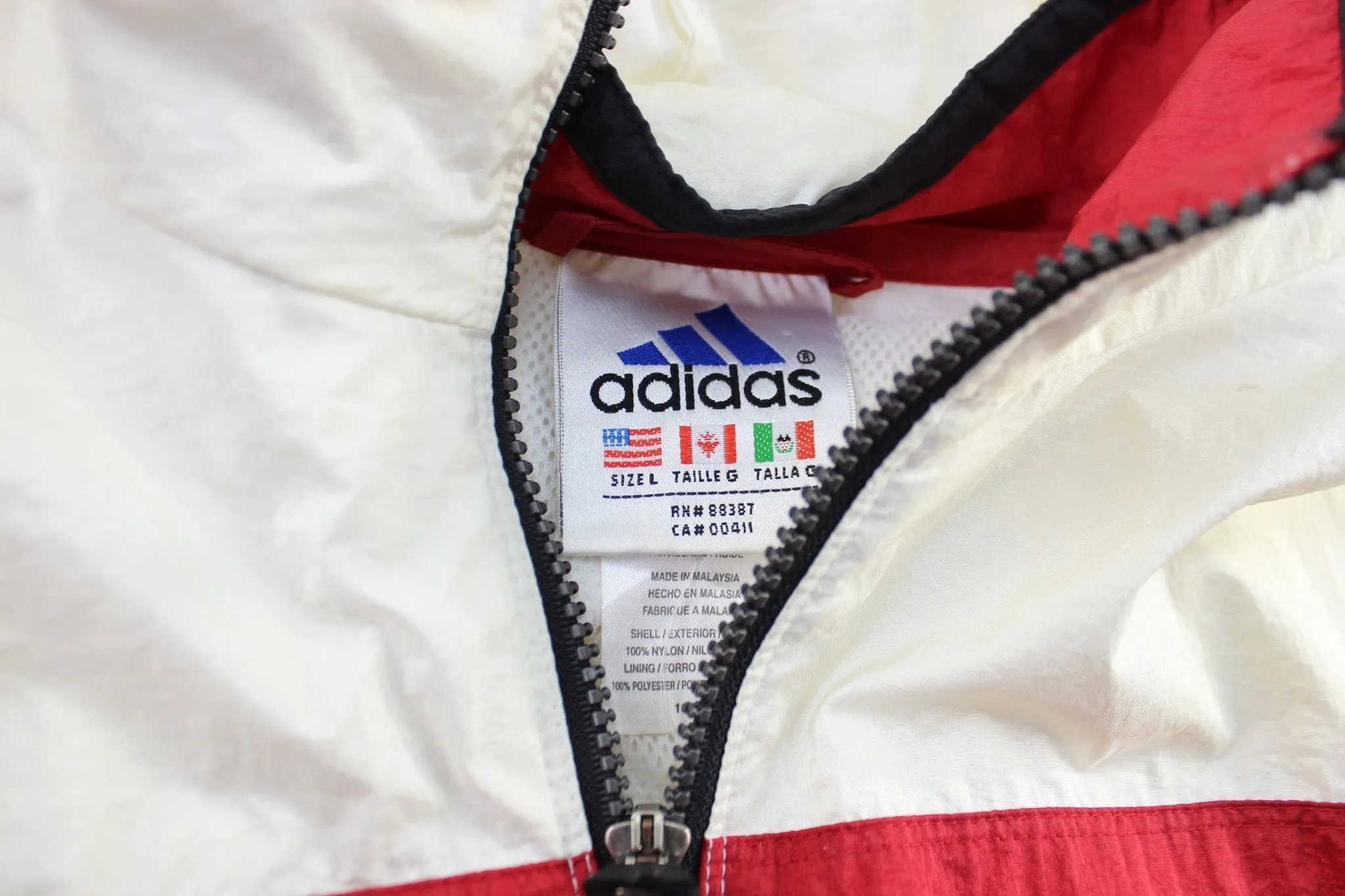 90's Adidas Embroidered Logo Red, Black, & White Striped Pullover Jacket