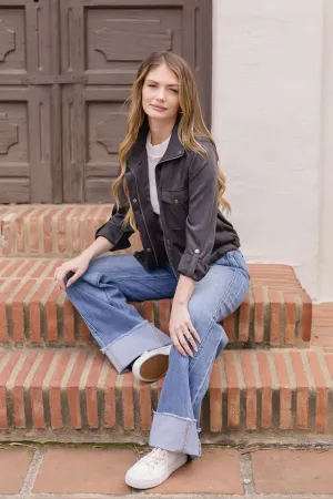 Angela Long Sleeve Drawstring Utility Jacket Taupe Black