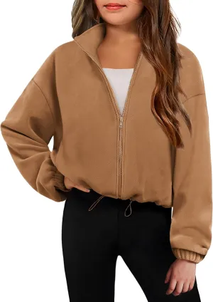 Arshiner Girls Zip Up Fleece Jacket Fall Winter Sherpa Sweatshirts Warm Outwear Crop Coat with Pockets