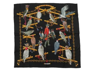 Black & Multicolor Hermes Oiseaux Du Roy Motif Printed Silk Scarf
