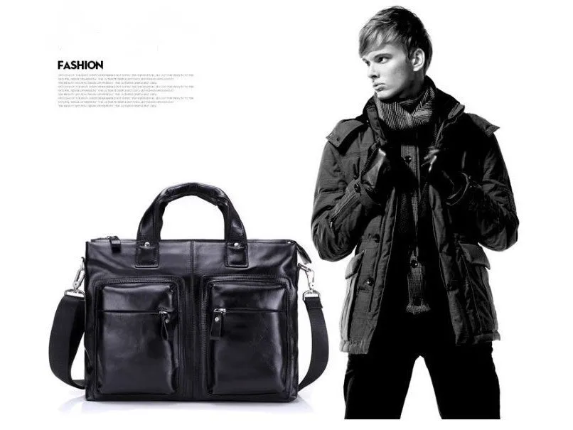 Black Leather Casual & Business Briefcase Laptop Bag