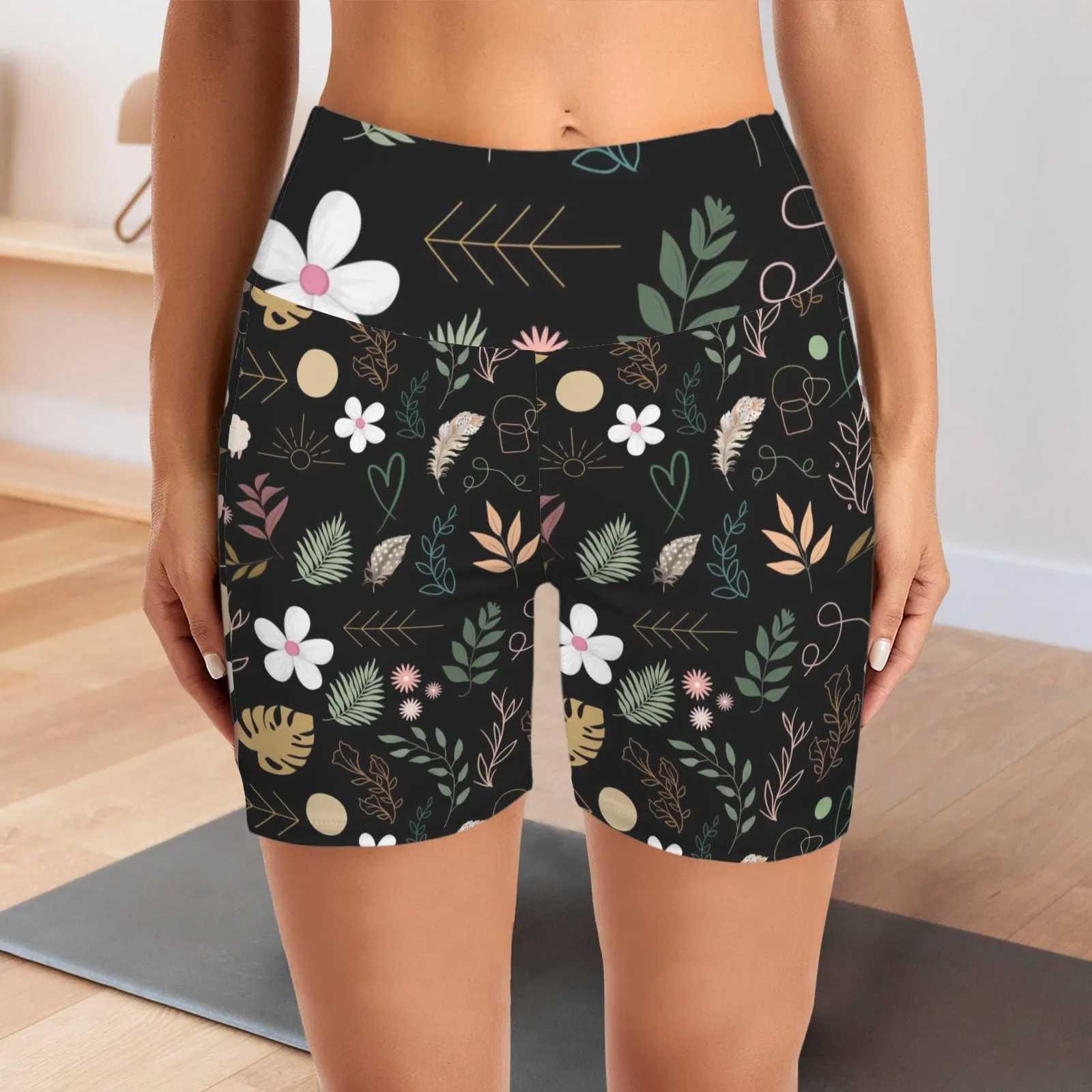 Boho Black Yoga Shorts with Pockets up to 5 XL (FWS)