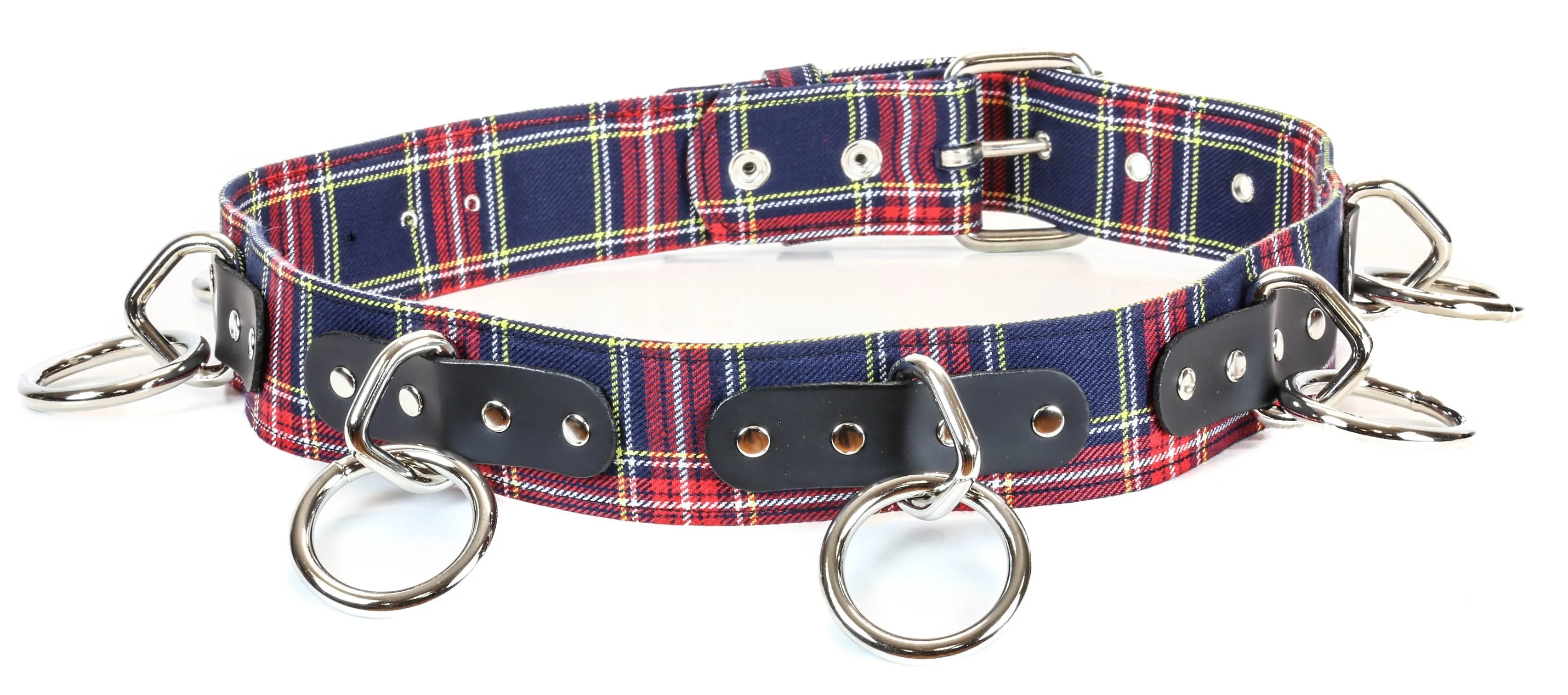 Bondage Belt With Pink Ring Plaid Blue