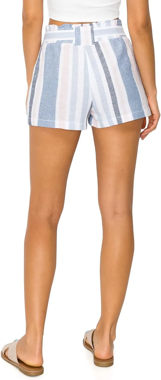 Cali1850 Women's Paperbag Linen Shorts - Oceanside Elastic Waist Self Tie Belt Paper Bag Beach Pants with Pockets