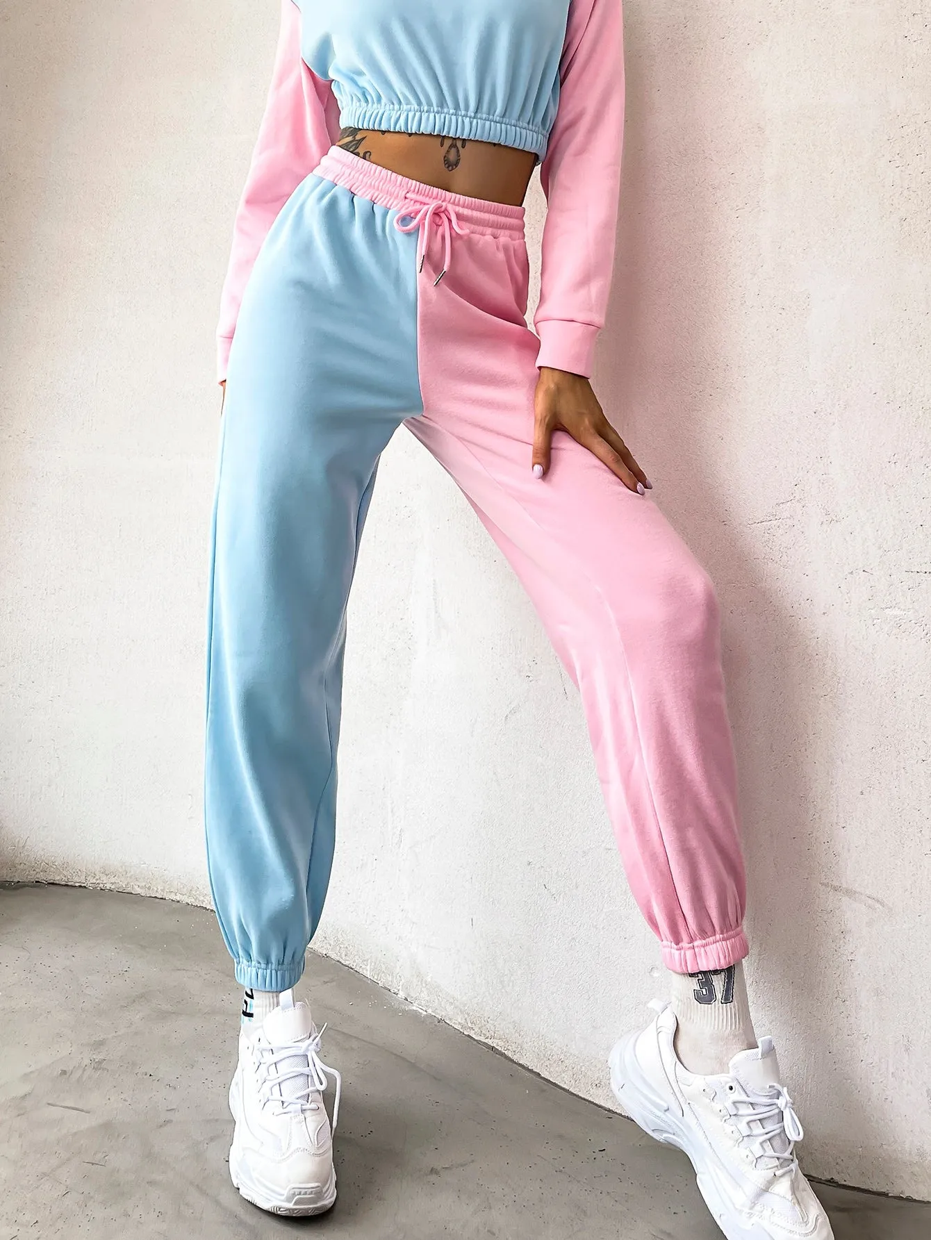 Colorblock Drawstring High Waist Cropped Women Sweatpants