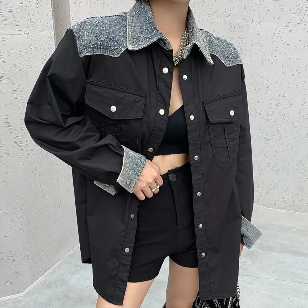 Colorblock Patchwork Denim Casual Shirts For Women Lapel Long Sleeve Spliced Pockets Blouse Female Fashion Clothing