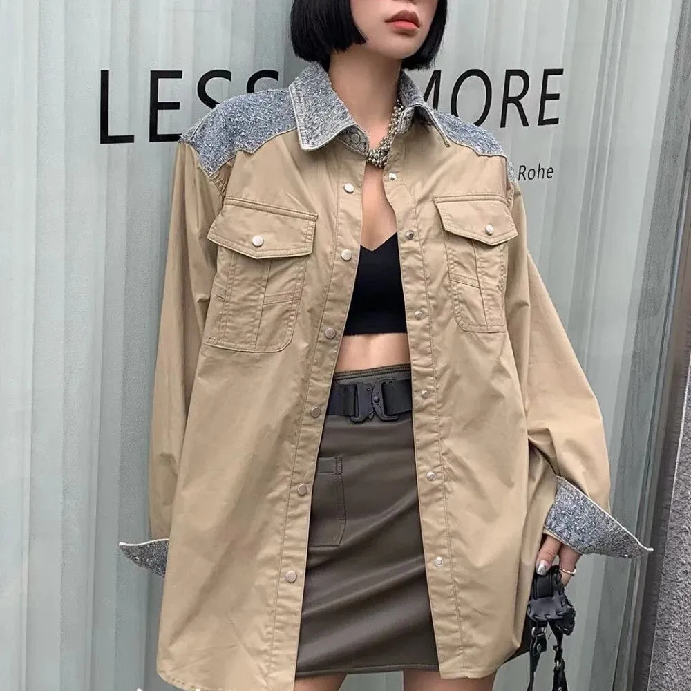 Colorblock Patchwork Denim Casual Shirts For Women Lapel Long Sleeve Spliced Pockets Blouse Female Fashion Clothing