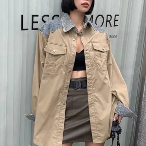 Colorblock Patchwork Denim Casual Shirts For Women Lapel Long Sleeve Spliced Pockets Blouse Female Fashion Clothing