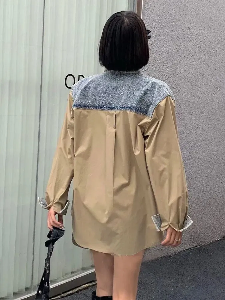 Colorblock Patchwork Denim Casual Shirts For Women Lapel Long Sleeve Spliced Pockets Blouse Female Fashion Clothing