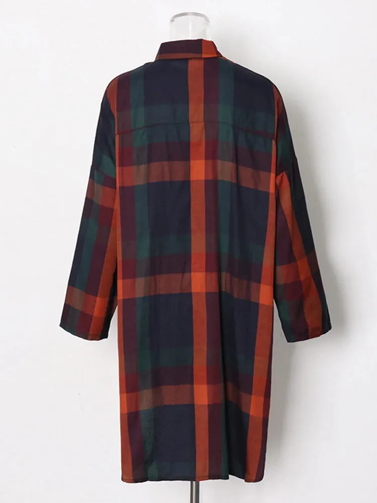 Colorblock Plaid Casual Blouses For Women Lapel Long Sleeve Spliced Single Breasted Minimalist Shirts Female Fashion Style