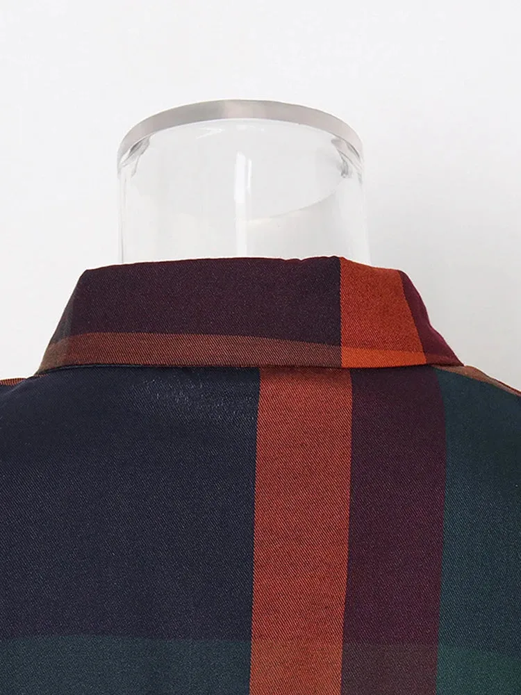 Colorblock Plaid Casual Blouses For Women Lapel Long Sleeve Spliced Single Breasted Minimalist Shirts Female Fashion Style
