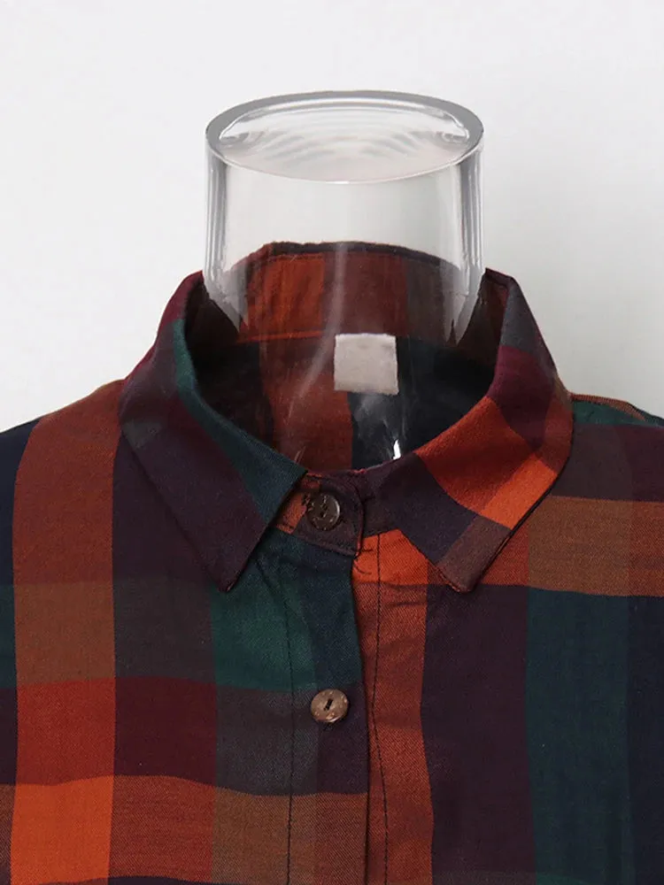 Colorblock Plaid Casual Blouses For Women Lapel Long Sleeve Spliced Single Breasted Minimalist Shirts Female Fashion Style