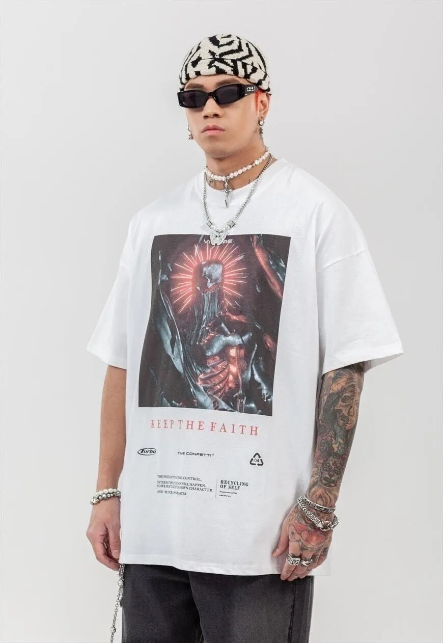 Cyber punk print t-shirt grunge monster tee raver top white