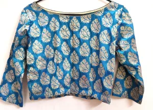 Designer Firozi Blue Peacock Motif Brocade Ready to Wear Blouse ACP13