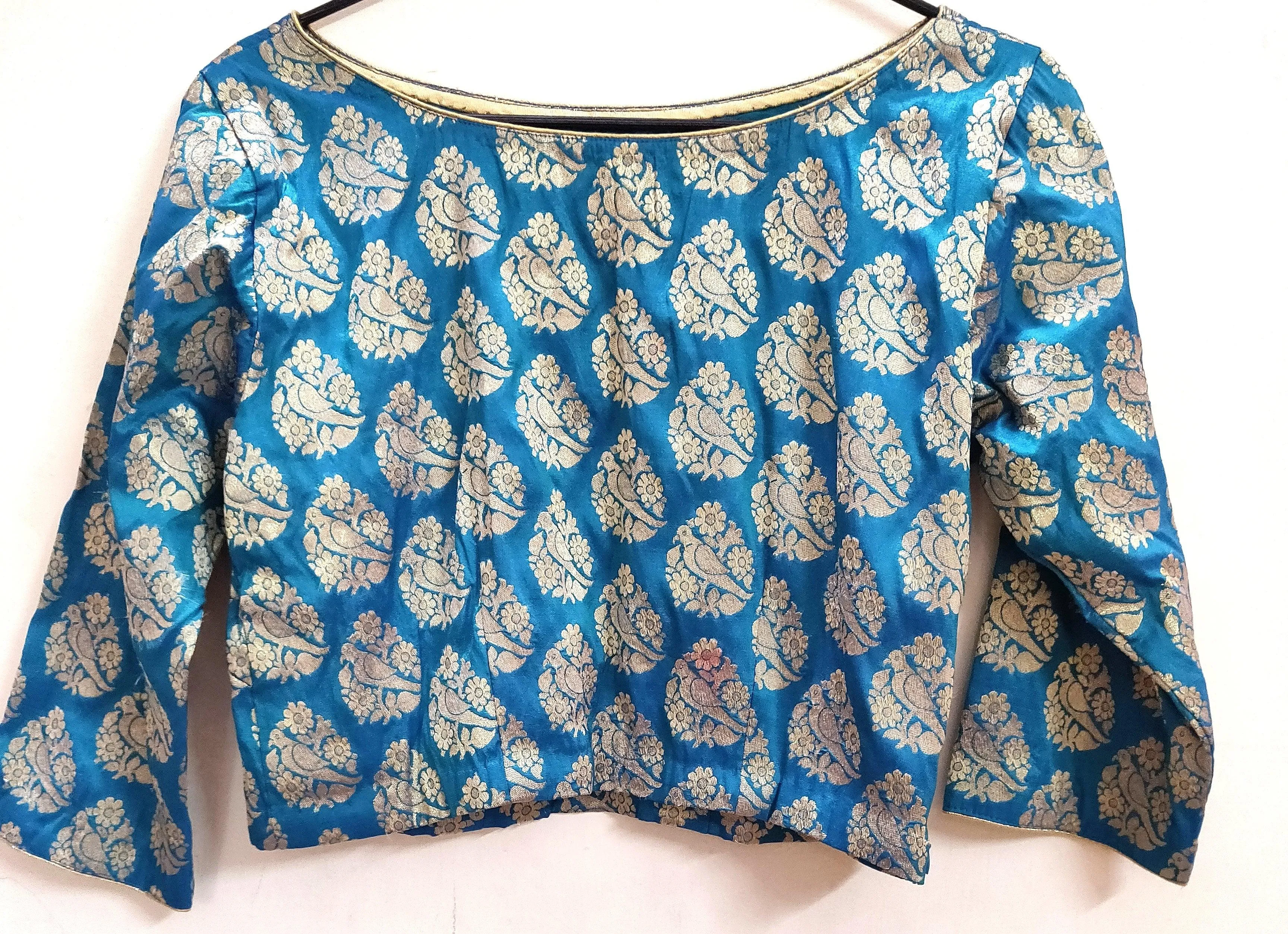 Designer Firozi Blue Peacock Motif Brocade Ready to Wear Blouse ACP13