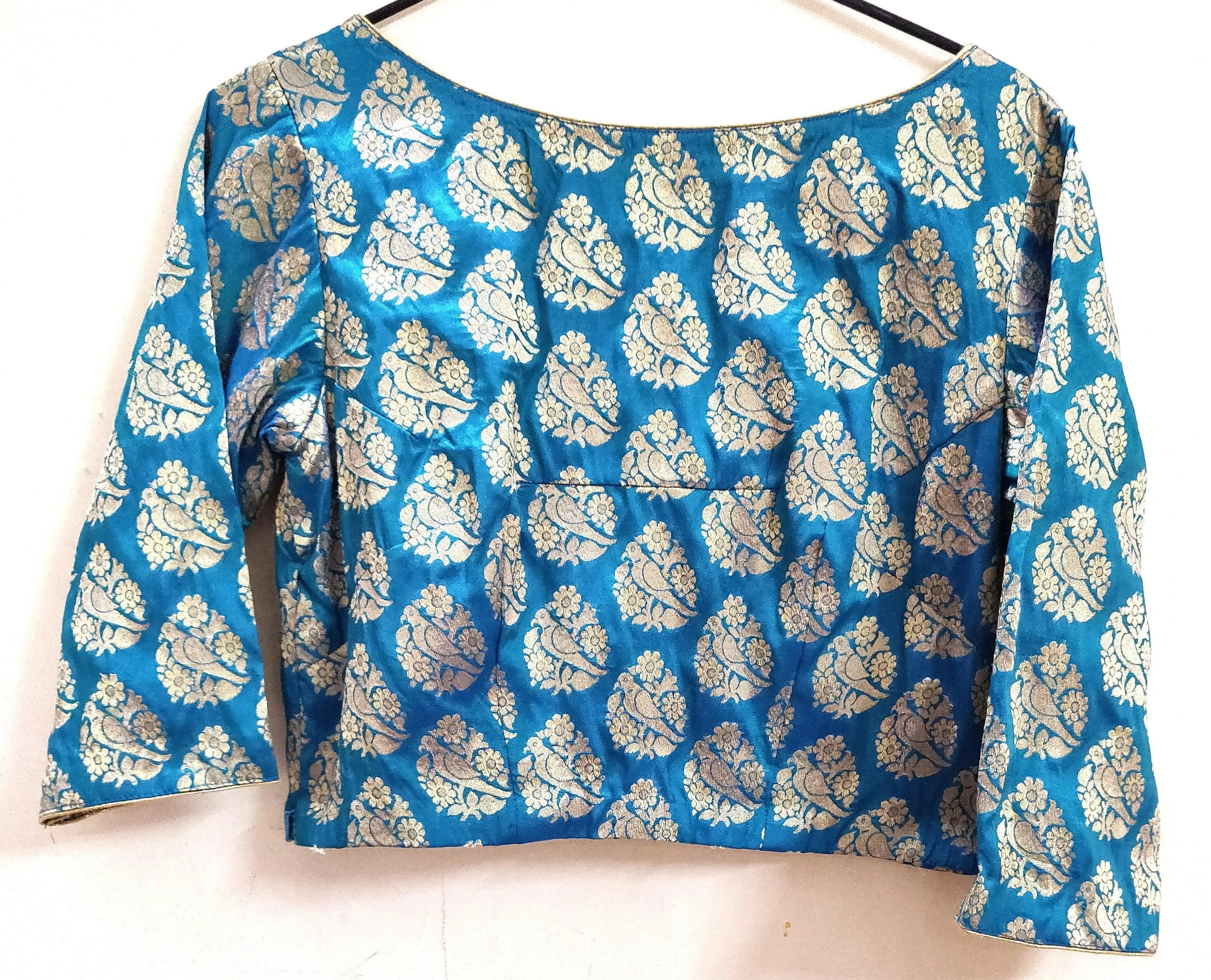 Designer Firozi Blue Peacock Motif Brocade Ready to Wear Blouse ACP13