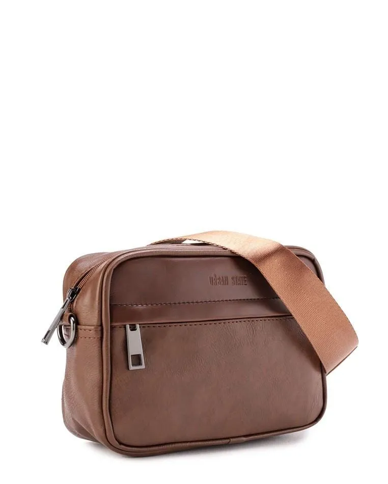 Distressed Leather Zipper Crossbody Bag - Camel