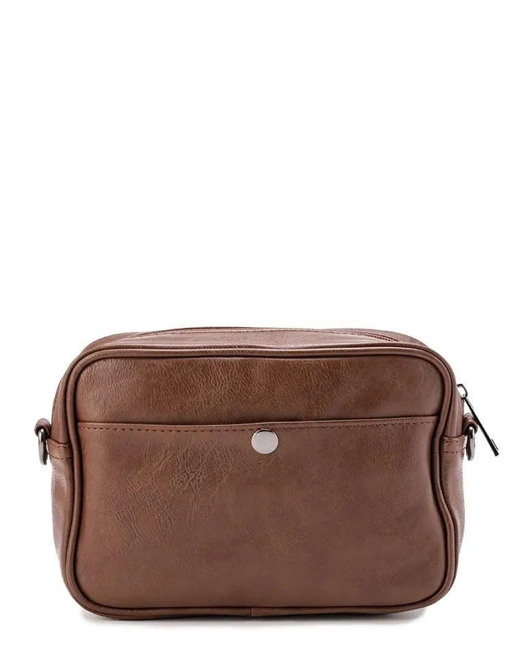 Distressed Leather Zipper Crossbody Bag - Camel