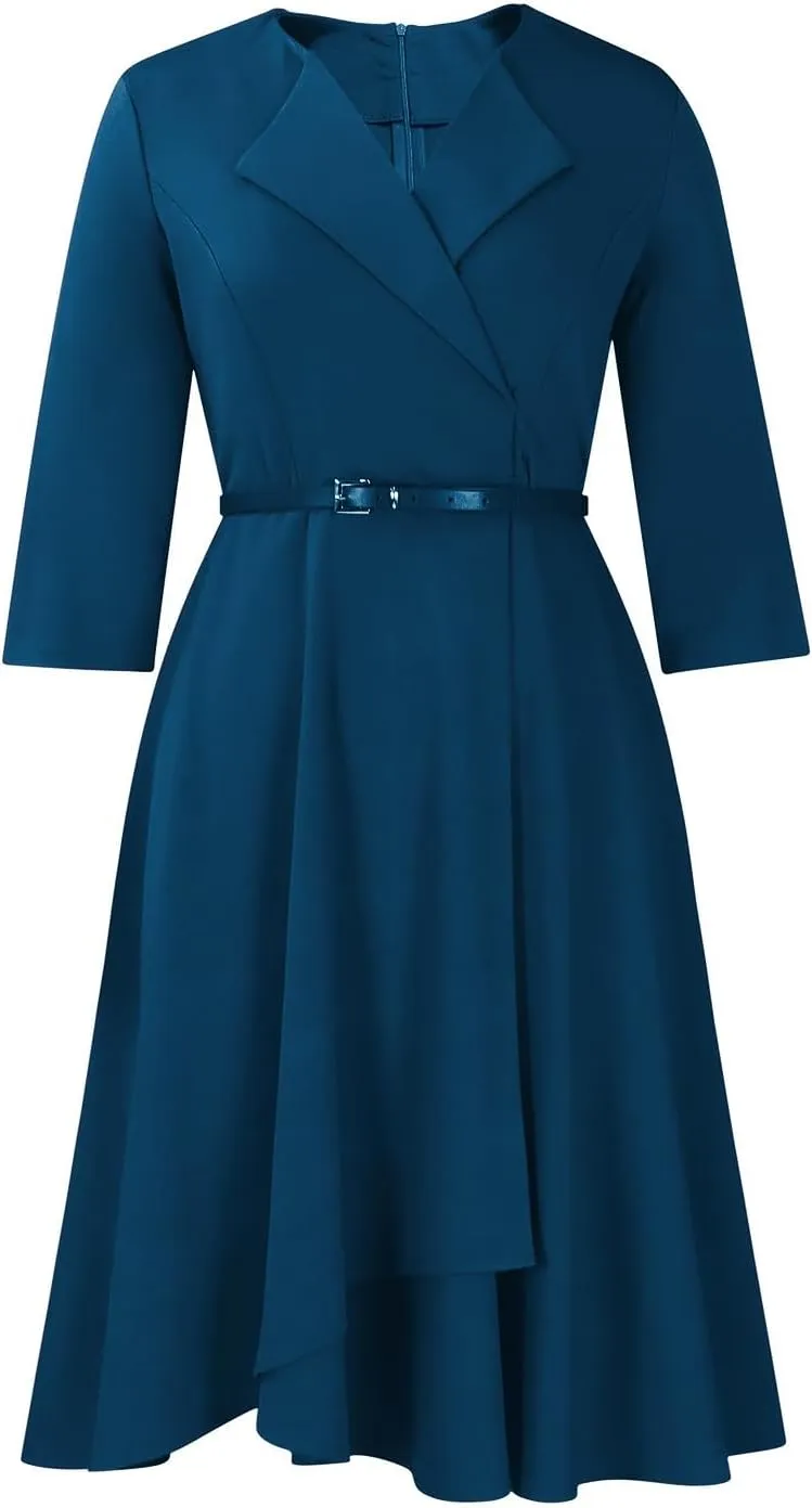Elainone Women 3/4 Sleeve Casual Swing Flared A Line Dress Wedding Guest Semi Formal Office Work Dresses with Belt