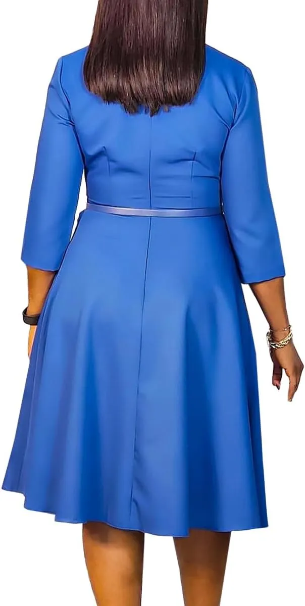 Elainone Women 3/4 Sleeve Casual Swing Flared A Line Dress Wedding Guest Semi Formal Office Work Dresses with Belt