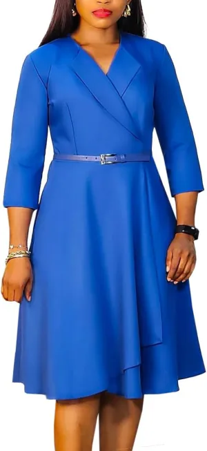 Elainone Women 3/4 Sleeve Casual Swing Flared A Line Dress Wedding Guest Semi Formal Office Work Dresses with Belt