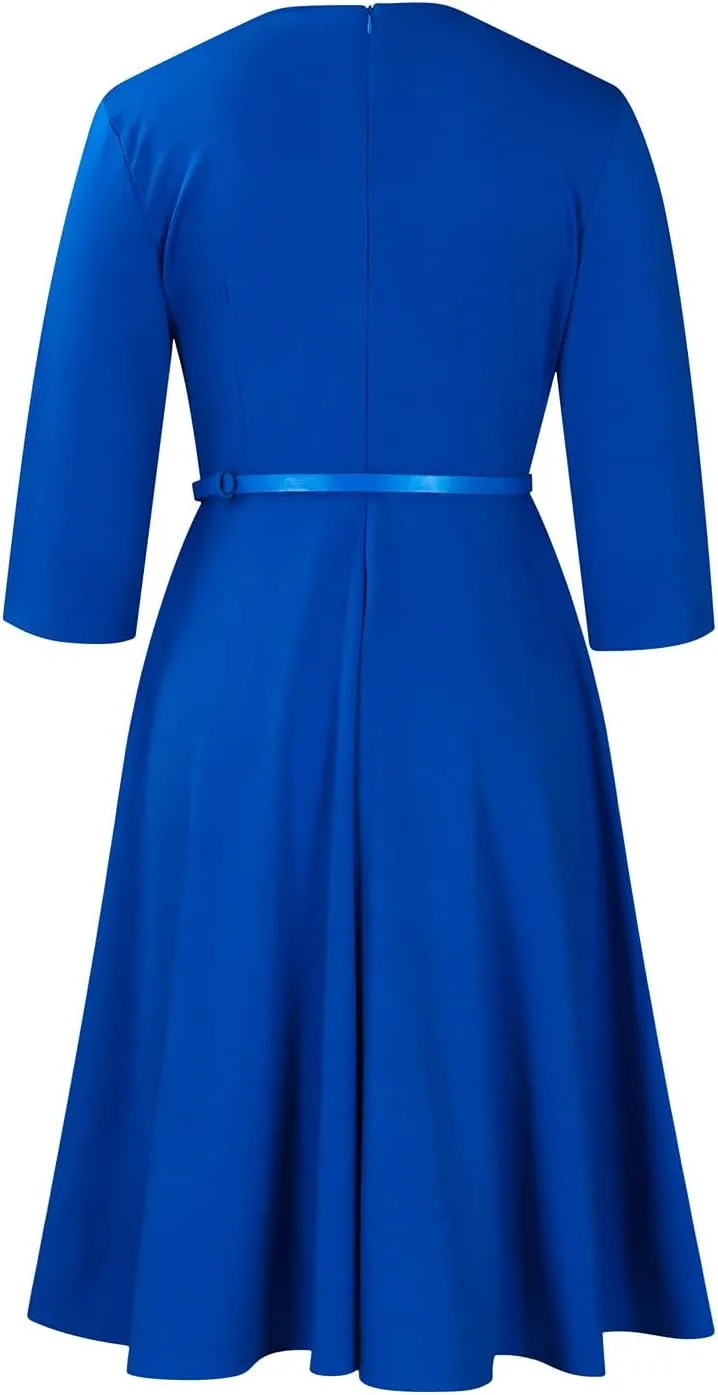 Elainone Women 3/4 Sleeve Casual Swing Flared A Line Dress Wedding Guest Semi Formal Office Work Dresses with Belt