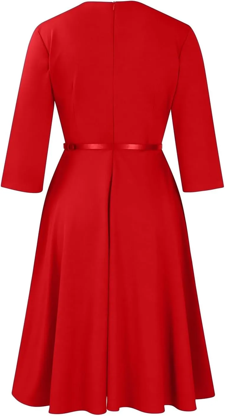 Elainone Women 3/4 Sleeve Casual Swing Flared A Line Dress Wedding Guest Semi Formal Office Work Dresses with Belt