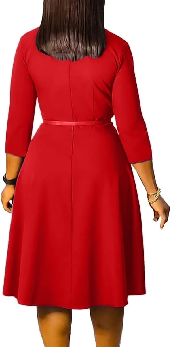 Elainone Women 3/4 Sleeve Casual Swing Flared A Line Dress Wedding Guest Semi Formal Office Work Dresses with Belt