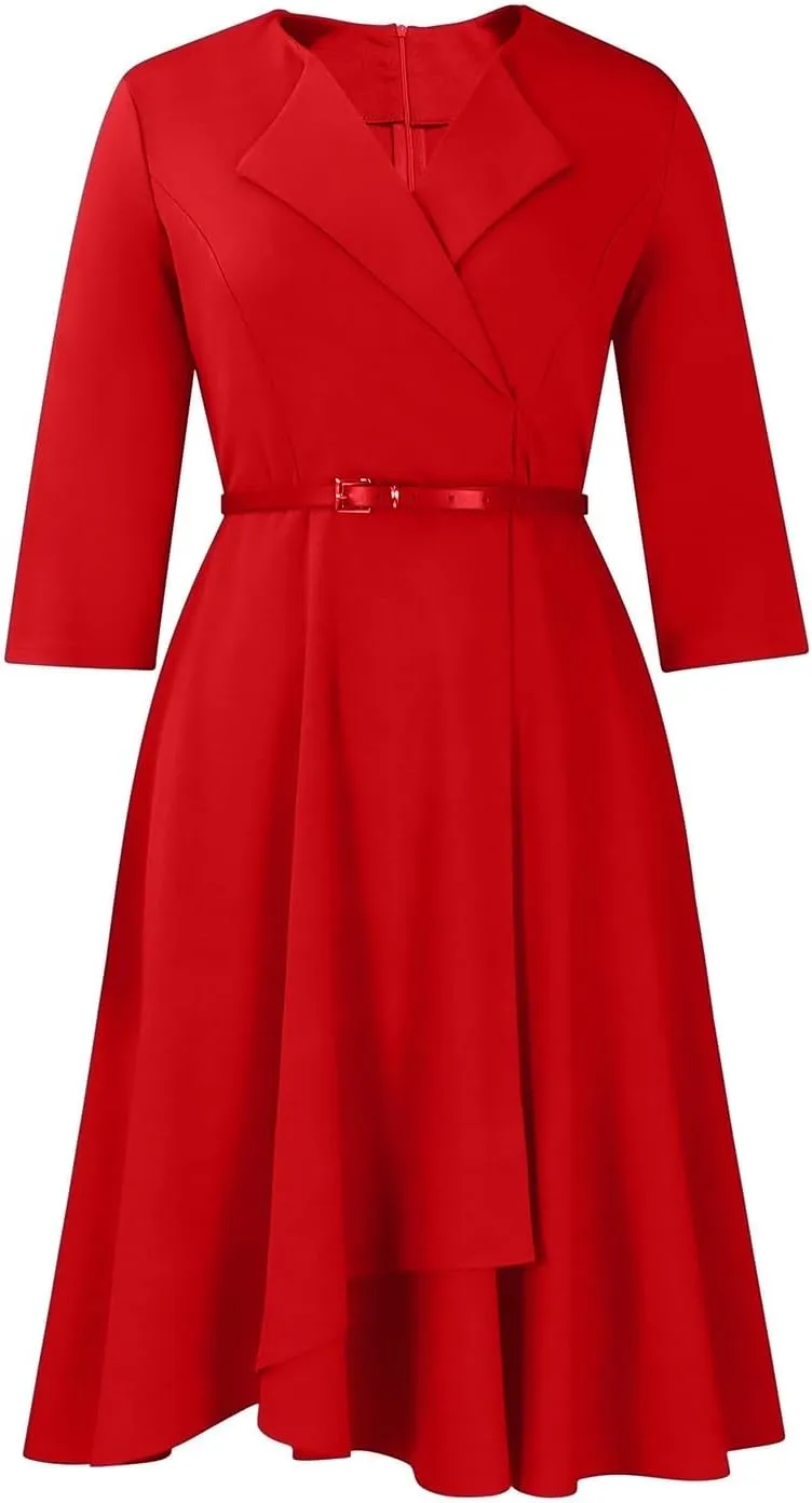 Elainone Women 3/4 Sleeve Casual Swing Flared A Line Dress Wedding Guest Semi Formal Office Work Dresses with Belt