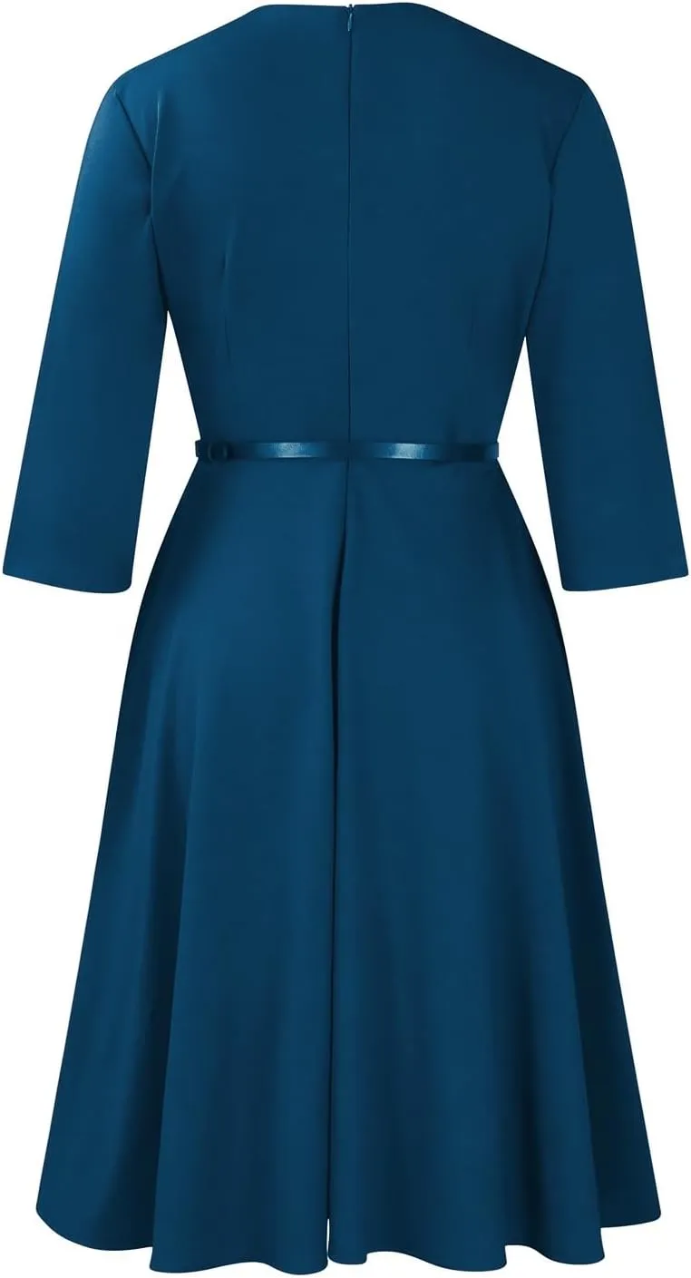 Elainone Women 3/4 Sleeve Casual Swing Flared A Line Dress Wedding Guest Semi Formal Office Work Dresses with Belt