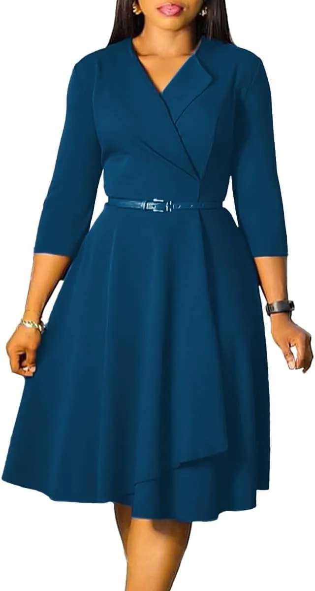 Elainone Women 3/4 Sleeve Casual Swing Flared A Line Dress Wedding Guest Semi Formal Office Work Dresses with Belt