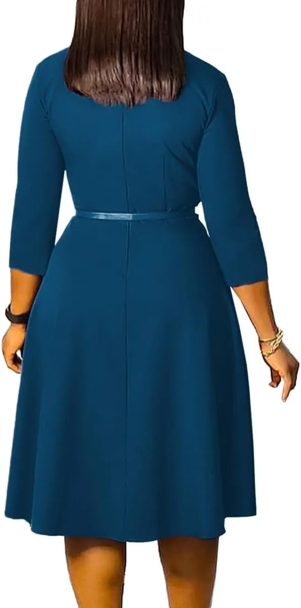 Elainone Women 3/4 Sleeve Casual Swing Flared A Line Dress Wedding Guest Semi Formal Office Work Dresses with Belt