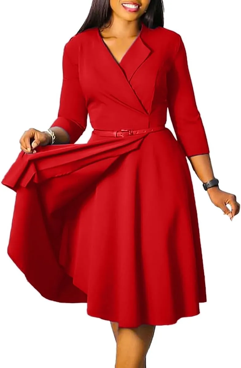 Elainone Women 3/4 Sleeve Casual Swing Flared A Line Dress Wedding Guest Semi Formal Office Work Dresses with Belt
