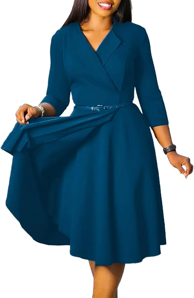 Elainone Women 3/4 Sleeve Casual Swing Flared A Line Dress Wedding Guest Semi Formal Office Work Dresses with Belt