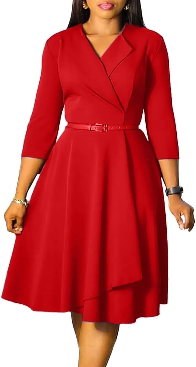 Elainone Women 3/4 Sleeve Casual Swing Flared A Line Dress Wedding Guest Semi Formal Office Work Dresses with Belt