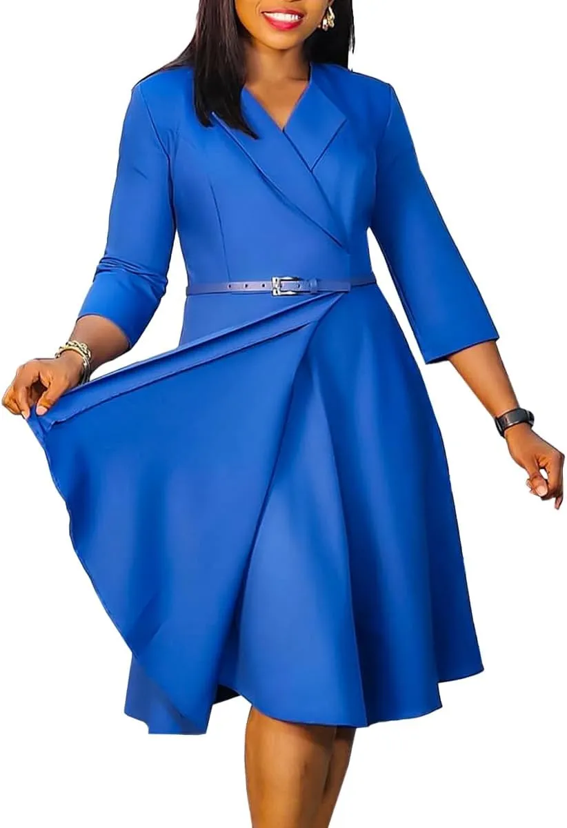 Elainone Women 3/4 Sleeve Casual Swing Flared A Line Dress Wedding Guest Semi Formal Office Work Dresses with Belt