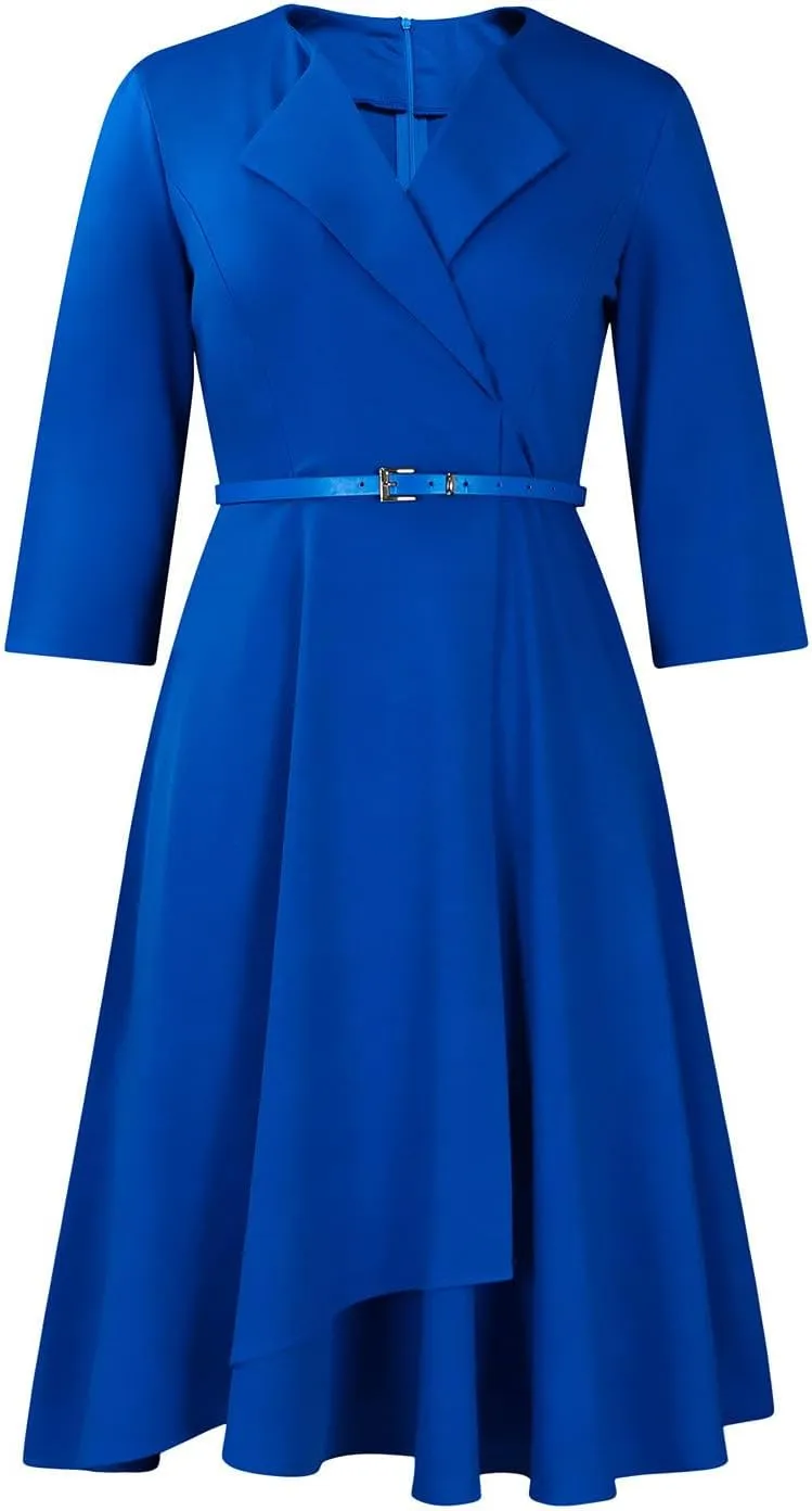 Elainone Women 3/4 Sleeve Casual Swing Flared A Line Dress Wedding Guest Semi Formal Office Work Dresses with Belt