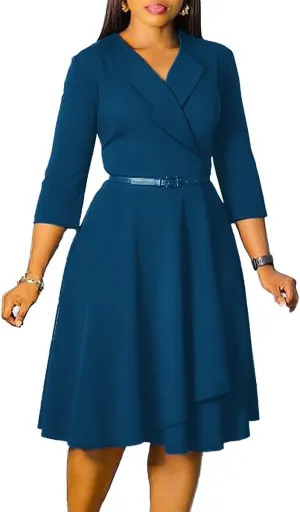 Elainone Women 3/4 Sleeve Casual Swing Flared A Line Dress Wedding Guest Semi Formal Office Work Dresses with Belt