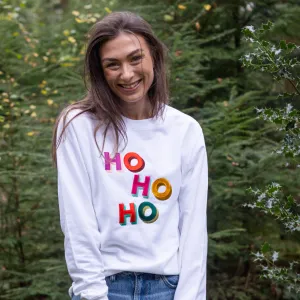 Embroidered HO HO HO Christmas Sweatshirt in White