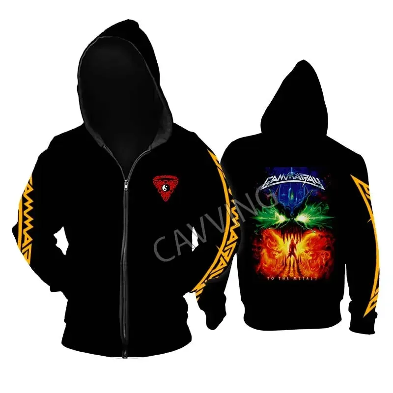 Gamma Ray Metal Rock Zipper Hoodie - Unisex Gothic Streetwear, Printed Band Logo, Casual Cotton Hooded Top