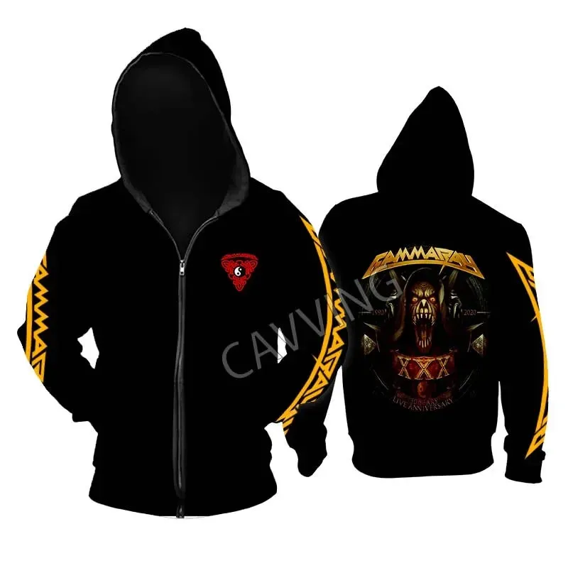 Gamma Ray Metal Rock Zipper Hoodie - Unisex Gothic Streetwear, Printed Band Logo, Casual Cotton Hooded Top