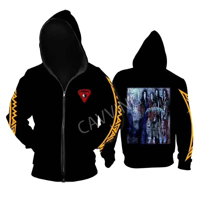 Gamma Ray Metal Rock Zipper Hoodie - Unisex Gothic Streetwear, Printed Band Logo, Casual Cotton Hooded Top