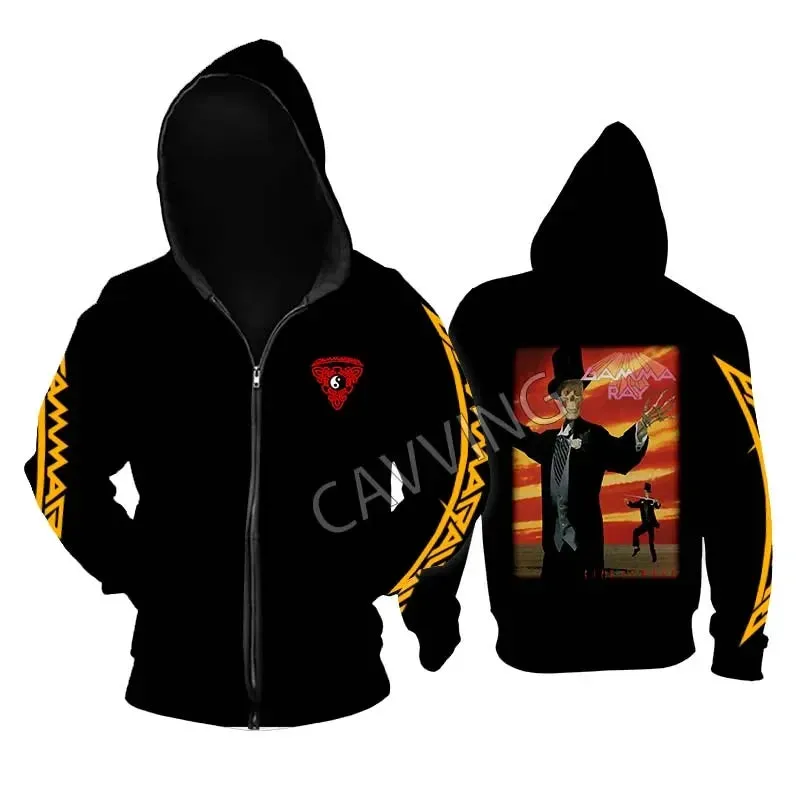 Gamma Ray Metal Rock Zipper Hoodie - Unisex Gothic Streetwear, Printed Band Logo, Casual Cotton Hooded Top