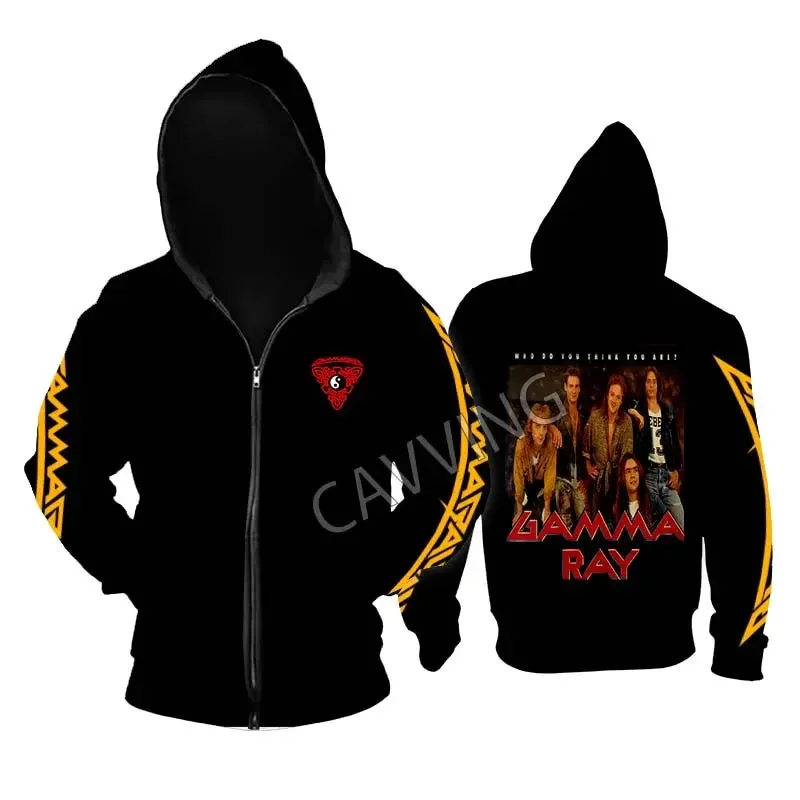 Gamma Ray Metal Rock Zipper Hoodie - Unisex Gothic Streetwear, Printed Band Logo, Casual Cotton Hooded Top