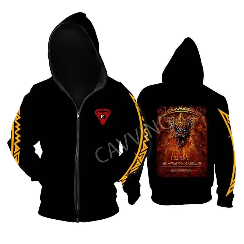 Gamma Ray Metal Rock Zipper Hoodie - Unisex Gothic Streetwear, Printed Band Logo, Casual Cotton Hooded Top