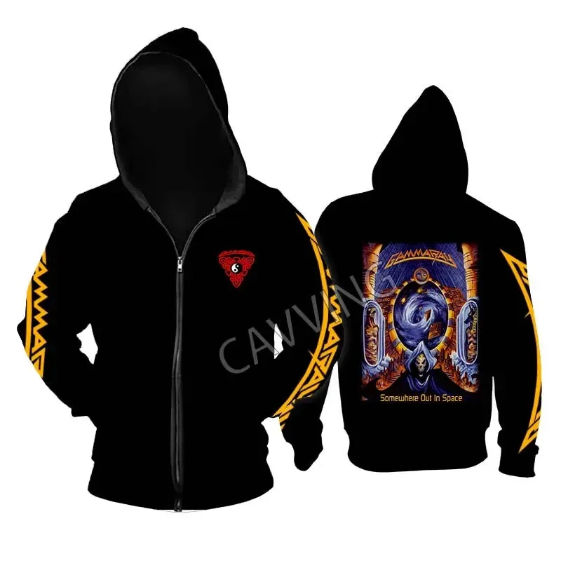 Gamma Ray Metal Rock Zipper Hoodie - Unisex Gothic Streetwear, Printed Band Logo, Casual Cotton Hooded Top
