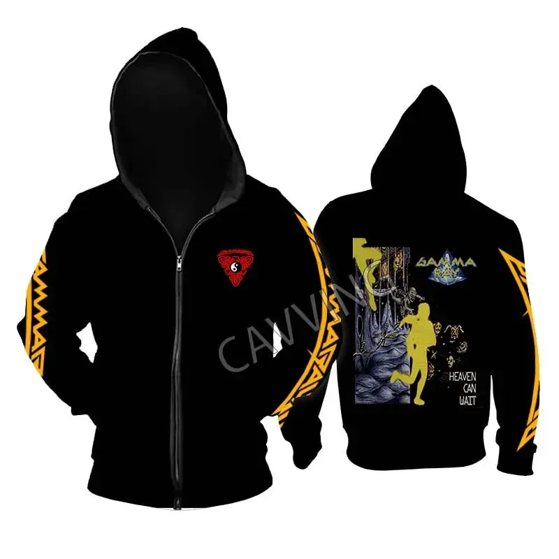 Gamma Ray Metal Rock Zipper Hoodie - Unisex Gothic Streetwear, Printed Band Logo, Casual Cotton Hooded Top