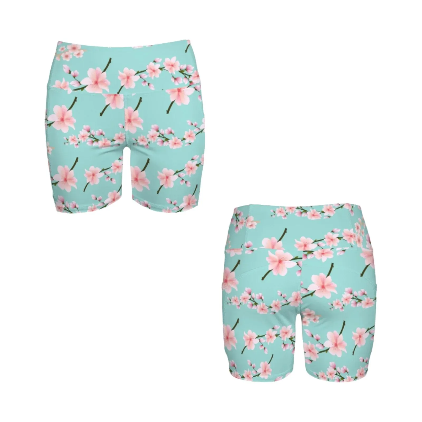 Japanese Pink Flowers Blue Yoga Shorts with Pockets up to 5 XL (FWS)